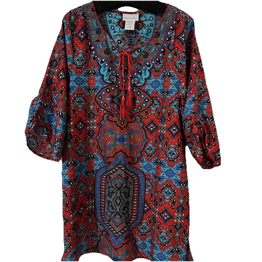 Soft Surroundings Red Blue Dress 3/4 Sleeves  size M Silky Feel‎ women's